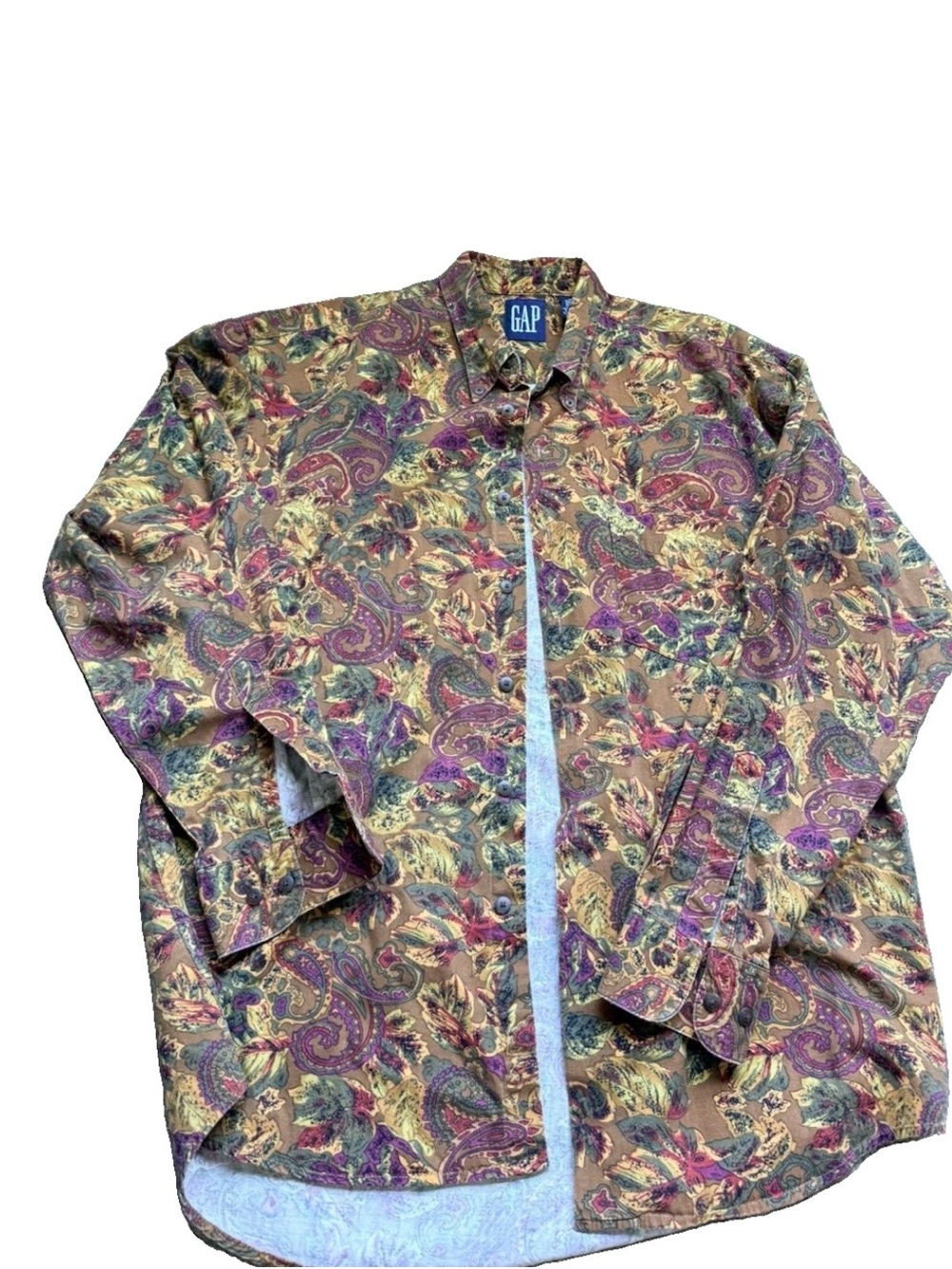 Vintage 90s GAP Men's Paisley Button-Up Shirt boho folk fall sz m cotton